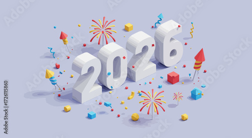 A festive 3D isometric illustration of the year 2026, adorned with fireworks, confetti, and small geometric shapes, celebrating the upcoming new year.