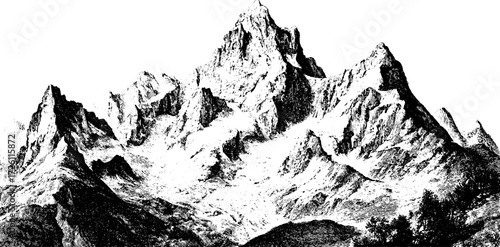 Wavy lines transforming into mountain scene engraving illustration
