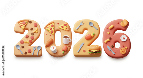 The year 2026 creatively depicted with numbers made of food items like pizza, hot dogs, burgers, and cutlery, set against a white background.