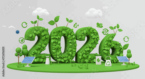 Eco-friendly 3D illustration of the year 2026, promoting sustainability and environmental awareness.