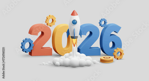 A 3D illustration of the year 2026 with a rocket launching, symbolizing growth, innovation, and future business success.
