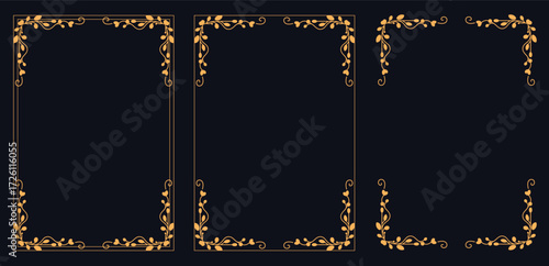 Elegant Frames on Dark Backdrop: Featuring three golden-adorned frames with an array of floral patterns and classic design, elegantly poised against a luxurious, inky background.