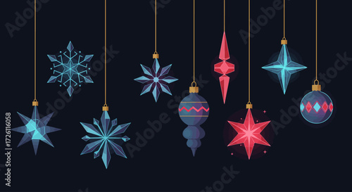 A collection of glowing, stylized Christmas ornaments in various geometric and snowflake shapes, suspended against a dark background.