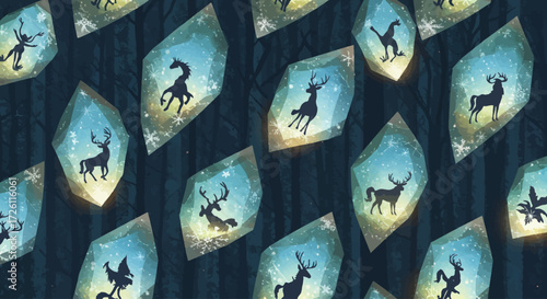 A pattern of glowing blue and yellow crystal shards, each containing a dark silhouette of a deer or stag, set against a dark, mystical background.