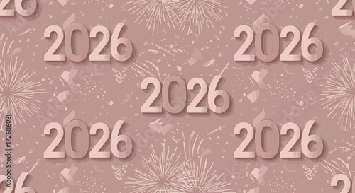 Festive New Year 2026 seamless pattern with fireworks and confetti on a dusty rose background.