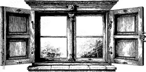Vintage engraving of an old house window with open shutters
