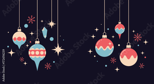 Two festive clusters of hanging Christmas ornaments in a retro, mid-century modern style with stars and snowflakes on a dark background.