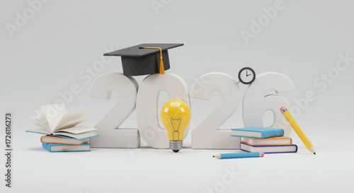 A 3D rendering of the year 2026 with a graduation cap, books, and a lightbulb symbolizing future academic success.