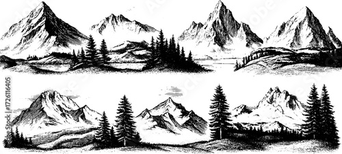 Vintage hand-drawn barchans and mountain ranges silhouette set for retro design