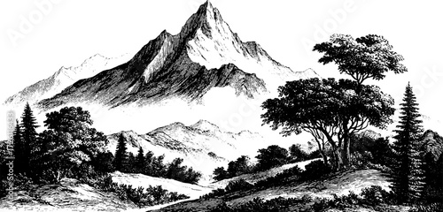 Vintage hand drawn mountain landscape with trees and barchans