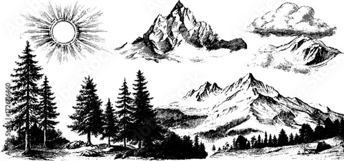 Vintage sketch collection of mountainous landscapes and natural elements