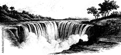 Vintage waterfall sketch set in nature for retro design and card use
