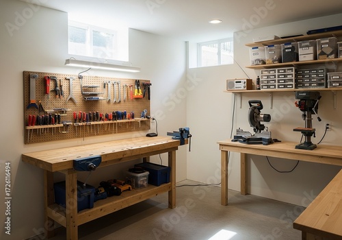 simple bright basement Workshop A perfect place for woodworking, crafts, or DIY projects.