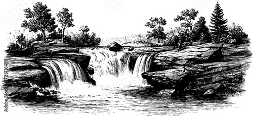Vintage hand-drawn illustration of cascading waterfalls with natural scenery for retro design