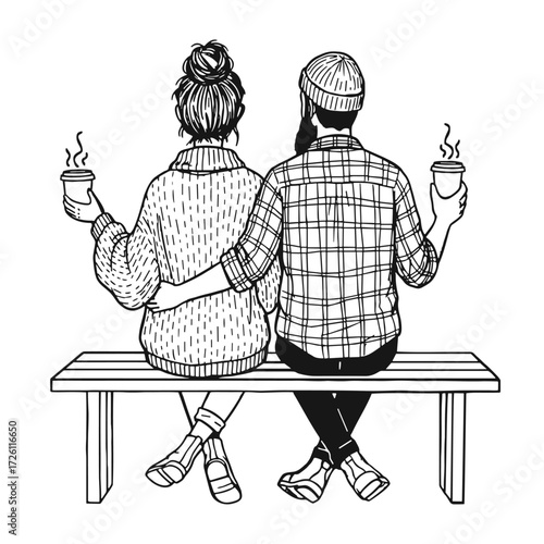 cozy couple sketch, man and woman hugging on a bench, wearing warm clothes and holding takeaway coffee cups, hand drawn doodle date illustration for autumn or winter