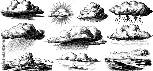 Vintage hand drawn cloud illustrations in various shapes for design