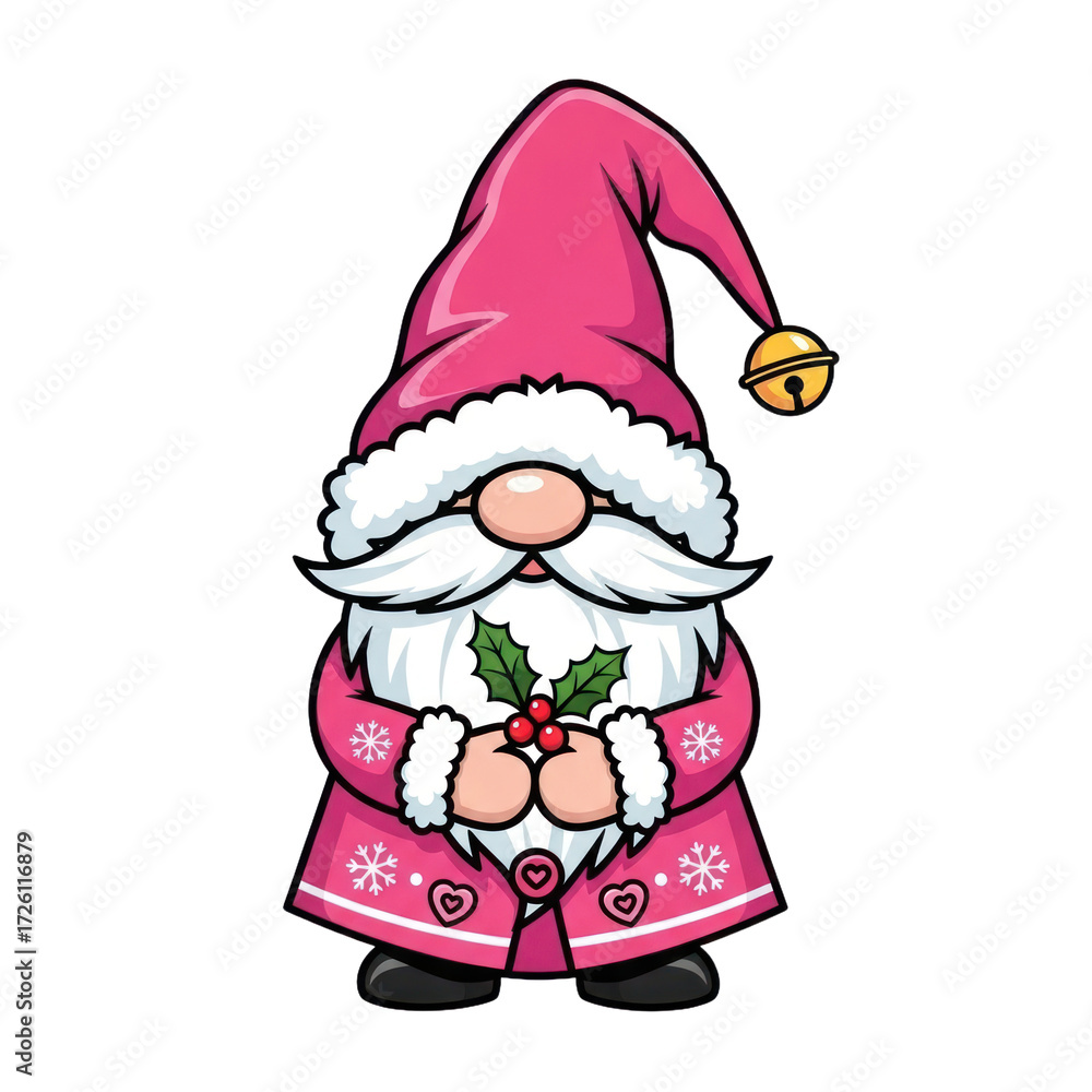Fototapeta premium Cute Pink Christmas Gnome Illustration with Holly and , Festive Holiday Character Graphic for Winter Seasonal Designs and Decorations. Transparent PNG Image