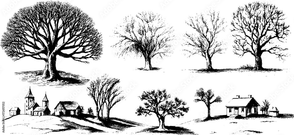 Fototapeta premium Vintage hoarfrost tree sketch set for retro designs and winter themes