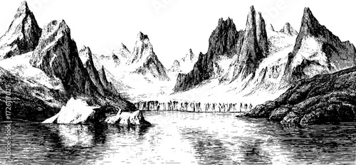 Vintage hand drawn engraving of glaciers and mountains in classic silhouette style for design and decor