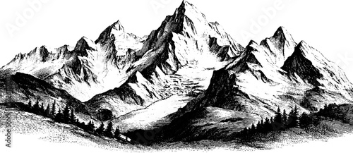 Vintage glaciers and mountain peaks illustration in hand drawn engraving style