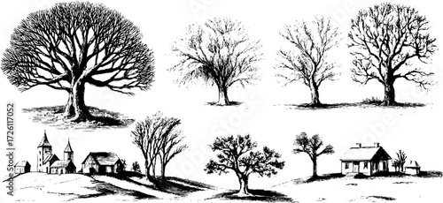 Vintage hoarfrost tree sketch set for retro designs and winter themes