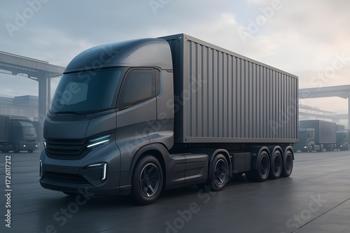 Modern Aerodynamic Electric Semi-Truck Hauling Container at Depot: Future of Sustainable Freight Transportation & Logistics
