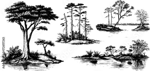 Vintage hand-drawn illustration set of rivers and lakes for retro design projects