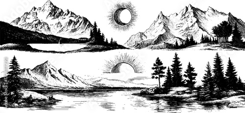 Vintage illustration set of rivers and lakes featuring mountains and sun with trees