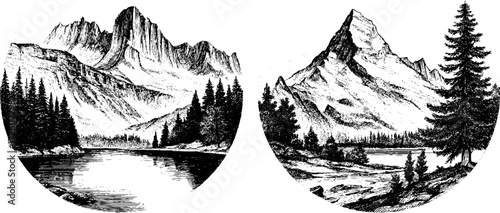Vintage scenic illustration set of rivers and lakes for design projects