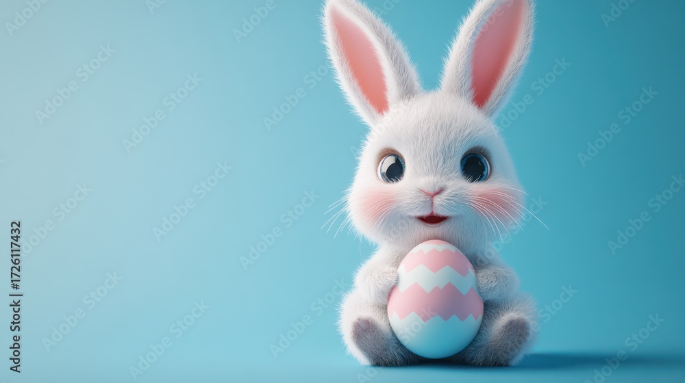 Obraz premium Adorable Fluffy White Bunny Holding an Easter Egg