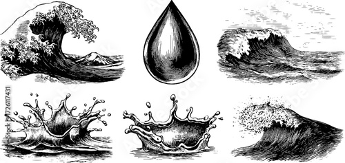 Vintage hand drawn engraving of sea splashes and spray drops - retro design for cards and posters