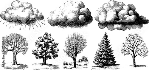 Vintage hand drawn illustration set of snowfall and blizzard scenes featuring trees and clouds