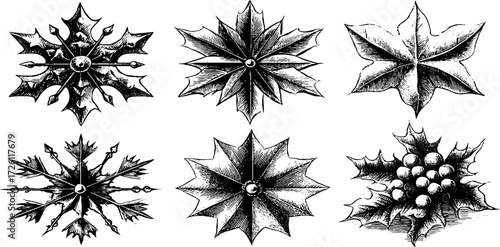 Vintage snowflake illustrations set for winter holiday design and decor