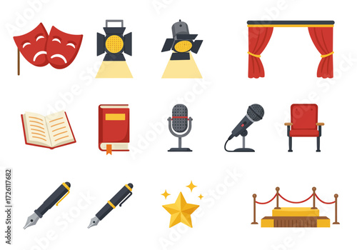 Cartoon stage icons including masks spotlights a curtain books microphones pens a star and a stage