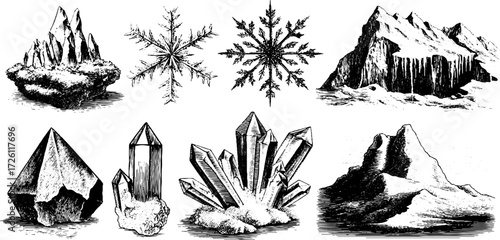 Vintage winter elements set: snowflakes, ice cracks, and icicles for holiday design