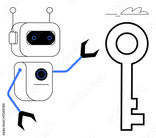 Robot reaching for oversized key in clean flat design. Ideal for innovation, AI, opportunity, technology, digital transformation, problem-solving, vision. Simple flat metaphor