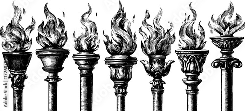 Vintage torch collection with flames - hand drawn engraved illustrations for historical design