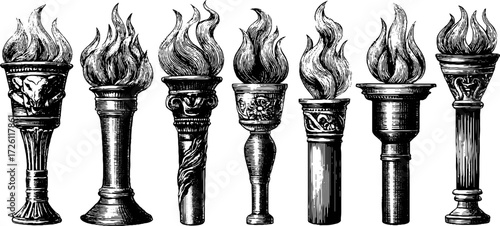 Vintage hand-drawn torch illustrations with flames for retro design
