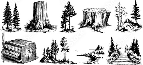 Collection of vintage hand drawn tree bark textures and annual rings for architectural design