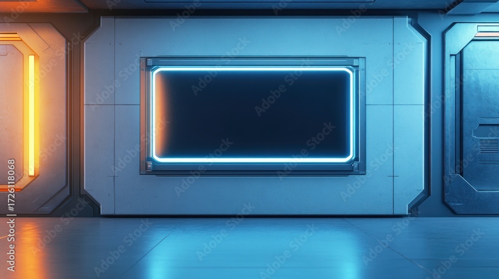 Obraz premium Futuristic interior with glowing rectangular screen on the wall, abstract design
