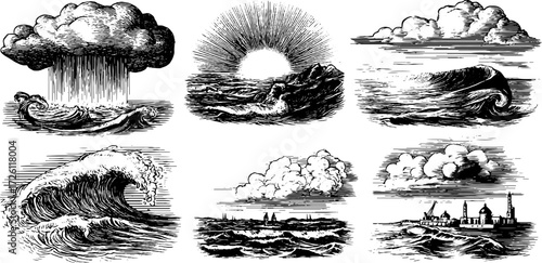 Vintage illustration set of whirlpools, waves, and swirling water scenes for nautical design
