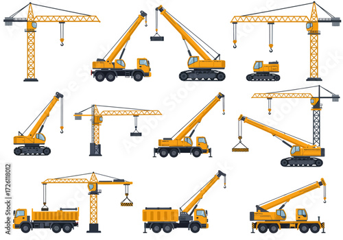 Illustration of 10 yellow construction cranes in various forms and configurations