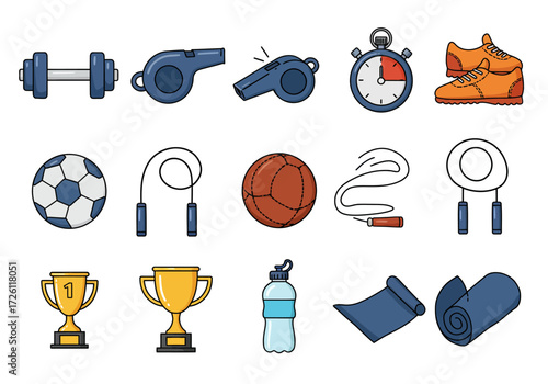 Illustration of various fitnessrelated items arranged in a grid format