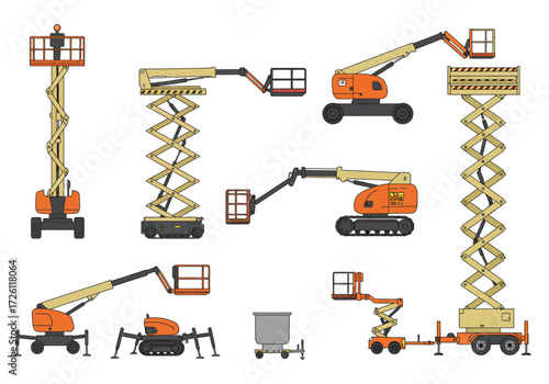 Illustration showing 9 various construction aerial lifts