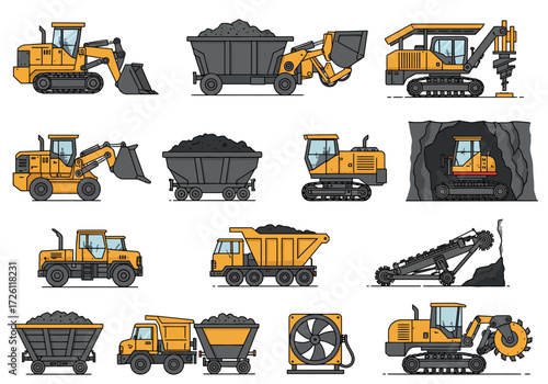 Mining equipment illustrations tractors dump trucks ore carts  coal in yellow grey  black