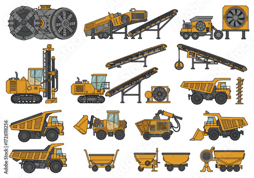 Mining machinery icons conveyors trucks drills and carts in yellow  gray