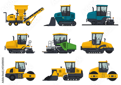 Nine construction vehicle illustrations showcasing varied designs and colors against a white backdrop