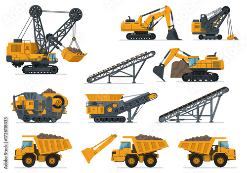 Mining machinery includes excavators conveyors and dump trucks arranged on a white background