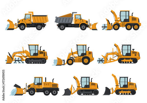 Nine various yellow snowplows are displayed in a gridlike arrangement