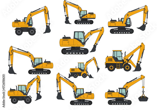 Several yellow excavators of different sizes and designs are scattered across a white background